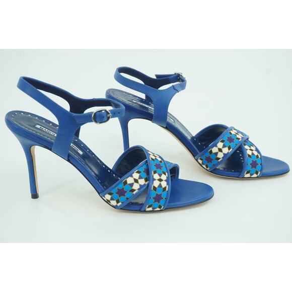 Manolo Blahnik Talitha Linen Strap Blue Floral Sandals size 39.5 Ankle - Picture 6 of 11